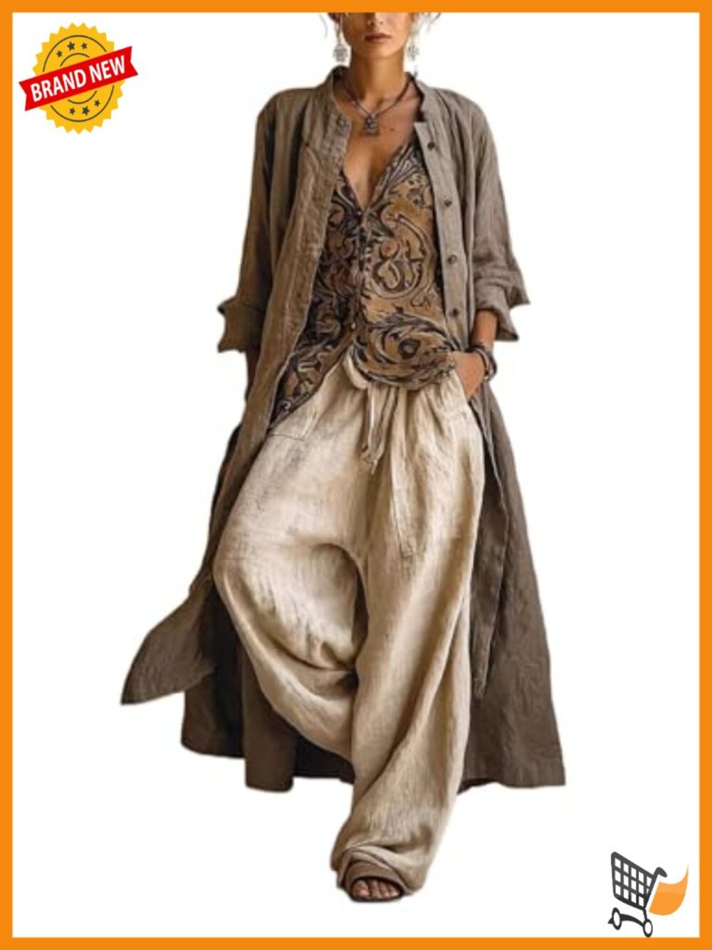 Womens Vintage 3 Piece Duster Coat Tank Top Wide Leg Pants Set